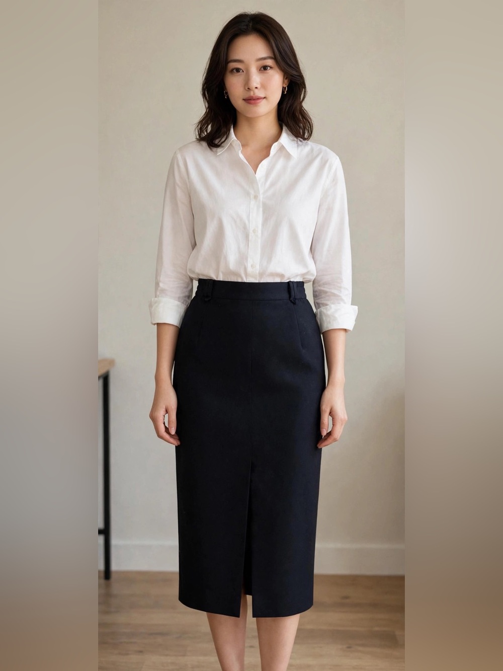 Vintage Klein Petit Paris Black Wool Midi Pencil Skirt High Waist Slit